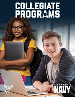 Brochure for parents and teachers outlining U.S. Navy financial programs for college students in STEM and medical fields to complete their degrees and commission as specialized Navy officers.